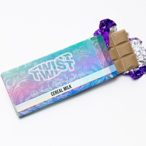 Twist Mushroom Chocolate Bar, we wanted to make sure that everyone could enjoy a magic mushroom chocolate bar. That’s why we created a delicious twist mushroom chocolate bar flavors. This chocolate bar comes with psilocybin, ready to lift your consciousness to new heights. What it doesn’t with is any animal products of any kind.